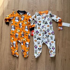 Peanuts and Mickey Mouse Disney Halloween Baby Footie Pajamas - Orange & White